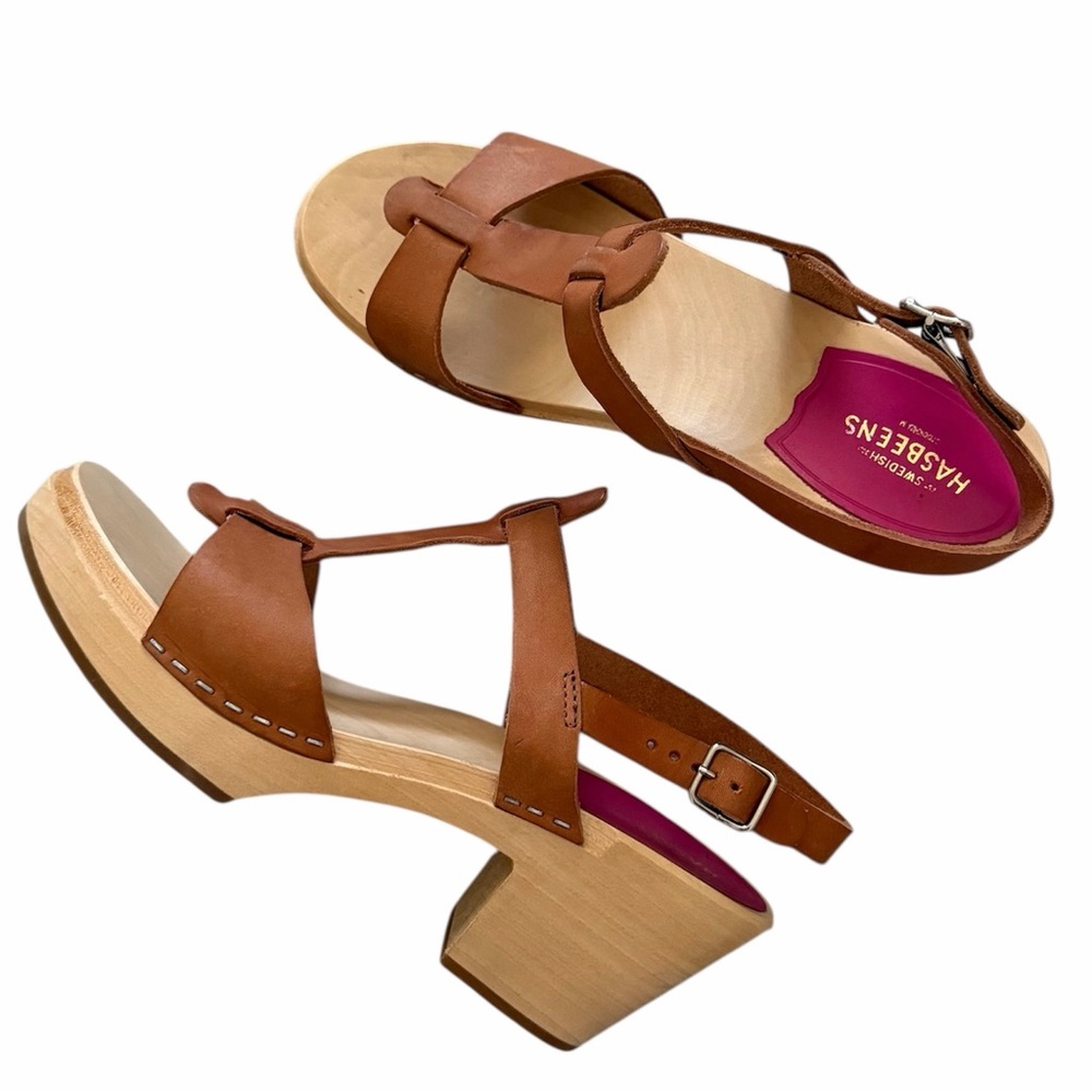 Swedish Hasbeens Leather Wood Heeled Sandals